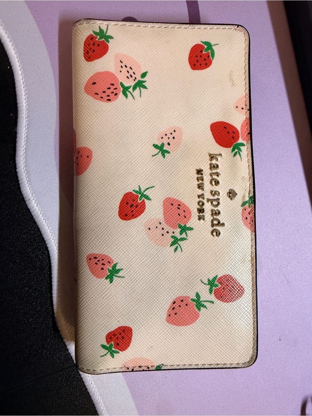 kate spade Cream Strawberry Print Continental Wallet with Gold Logo